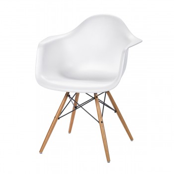 White Plastic Arm Chair with Wood Legs